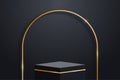 Realistic dark platform with gold decorations and golden arch with shadow. Stage with empty pedestal. 3d podium for product